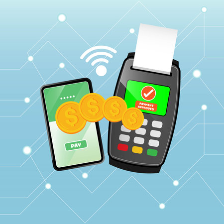 Electronic payment via internet between merchant and consumer. Mobile payment, Point of sale terminal, Financial technology. Vector illustration outline flat design style.のイラスト素材