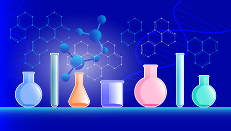 Colorful laboratory setup with tube and flask for scientific research. Laboratory, science and technology concept vector illustration.のイラスト素材