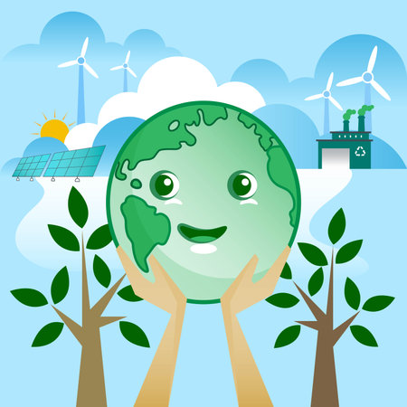 Hands holding happy smiling planet earth cartoon character design for earth day. Happy Earth Day. Taking care of the earth concept vector illustration.のイラスト素材