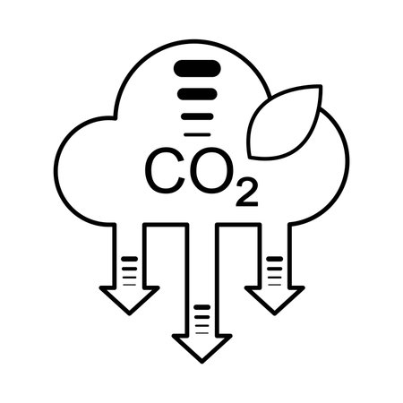 Cloud shape merged with down arrows and leaf. CO2 emission reduction line icon.のイラスト素材