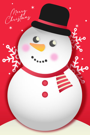 Cute snowman with hat and scarf in winter holiday scene. Merry christmas greeting vector illustration.のイラスト素材