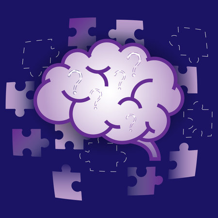Brain surrounded by puzzle pieces with question marks filling the brain symbolizes memory loss,...