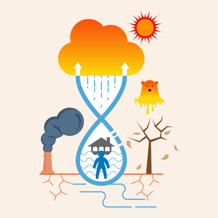 An hourglass of climate crisis: floods, droughts, and pollution converge, highlighting humanity's role in nature's fragile balance and the urgency for sustainable action.のイラスト素材