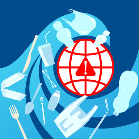 Illustration of epidemic plastic pollution, a globe surrounded by plastic waste like bottle, bag, and cutlery. Ideal for environmental campaign, sustainability topic, and awareness project.のイラスト素材