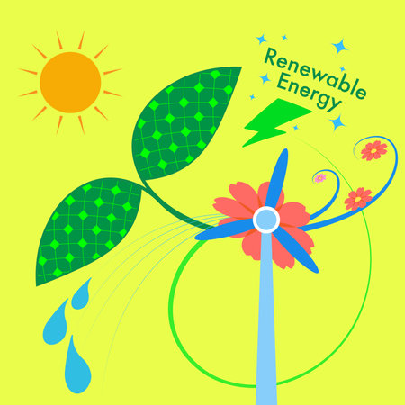 Colorful eco illustration of solar leaves, wind turbine, water drops, and sun. Perfect for themes of renewable energy, sustainability, and clean, green technology.のイラスト素材