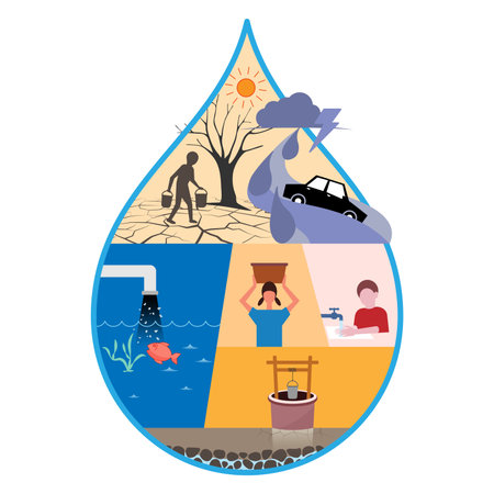 Illustration showing 5 critical water issues: scarcity, climate change, pollution, access and inequality, groundwater depletion. Perfect for environmental awareness, education, sustainability themes.のイラスト素材