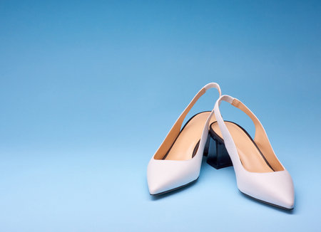 A pair of elegant white pointed-toe female shoes with an open back and black flare heels on a gradient blue background. Stylish women's shoesの写真素材