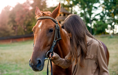 A woman and her horse in rural surroundings, on a grassy field. Portrait of a young equestrian amid nature, training horses, and utilizing a mock outdoor arena. Promote well-being and stress relief.の写真素材