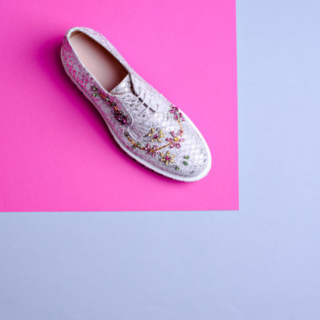 Glamorous silver fish scale patterned woman's shoe, decorated with a multi-colored rhinestone floral ornament on a graphic pink-gray background with copy space. Footwear sales advertising campaign.の写真素材