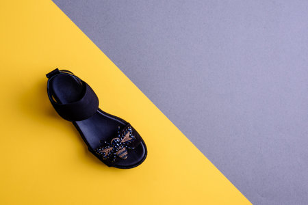 Top view of trendy female black shoes (mule) on a contrasting bright yellow-gray background. Design for a fashion blog. Shoe store advertisement.の写真素材