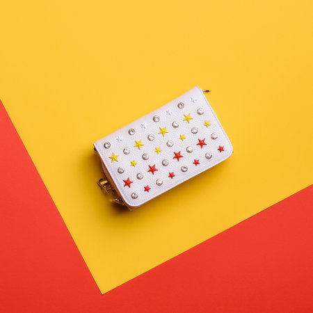 Stylish white leather women's handbag covered with red, yellow, and white rivets in the shape of...