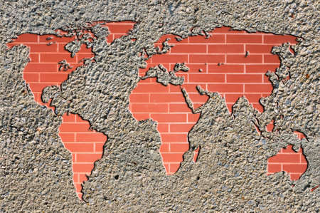 world map on brick wallの写真素材