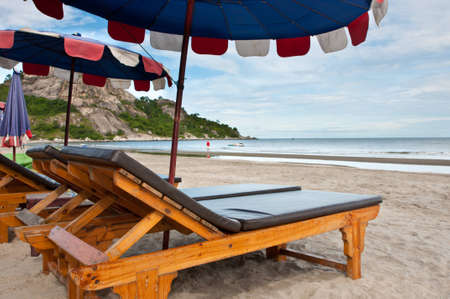 Chairs on beach near the seaのeditorial素材