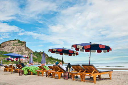 Chairs on beach near the seaのeditorial素材