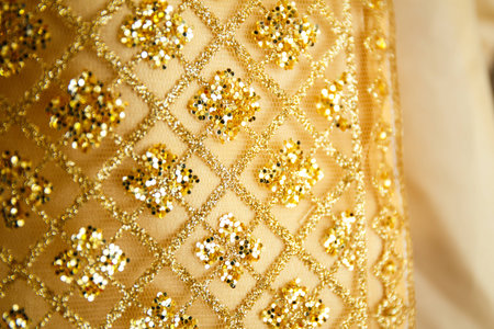 Gold fabric  patterned traditional thai style and gold silkの写真素材