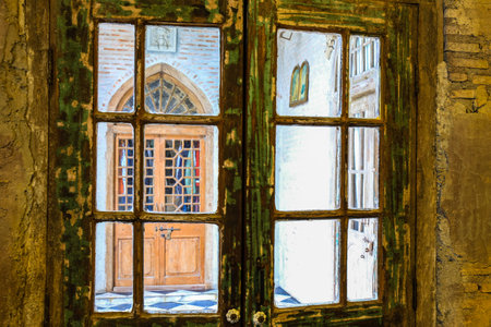 old wood door and a blick wallの写真素材