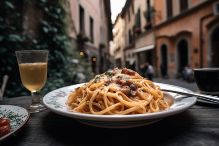 Plate of pasta carbonara on a table at a charming sidewalk cafe in Italyの素材