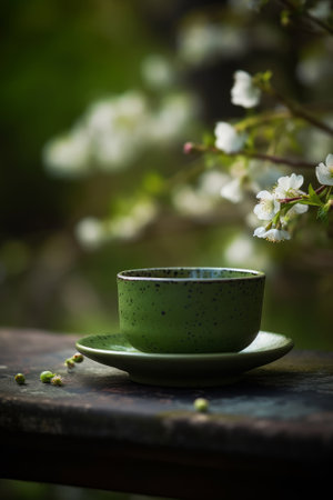 Cup of green matcha tea set against a backdrop of a blossoming gardenの素材