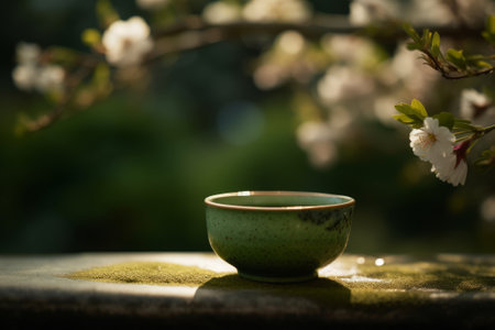 Cup of matcha tea in the gardenの素材