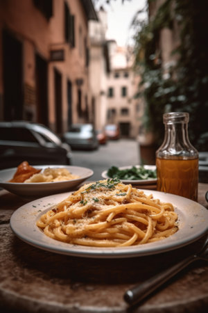 Pasta carbonara on a tableの素材