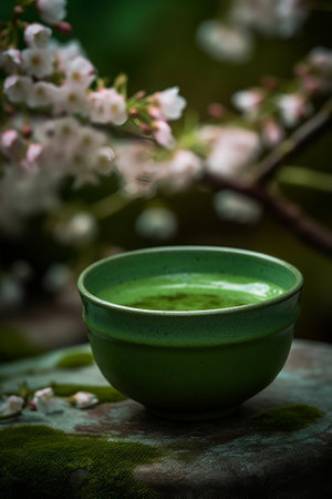 Cup of matcha tea in the gardenの素材