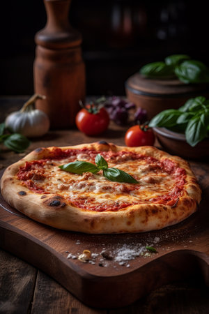 a Neapolitan pizza on a wooden boardの素材