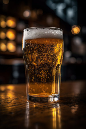 Glass of beer on a bar counterの素材