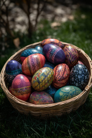 Easter eggs in a basketの素材