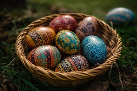 Easter eggs in a basketの素材