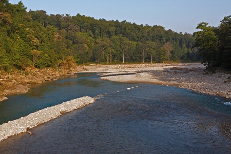 View of the Kosi Kosi River from suspension bridge near Garjiya Temple, Ramnagar, Uttarakhand, Indiaのeditorial素材
