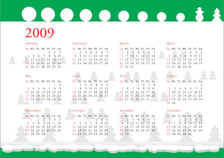 horizontal oriented calendar grid of 2009 year with winter imageのイラスト素材