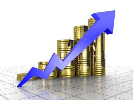 Business Graph, 3d rendered conceptual arrow and coin chart on grid