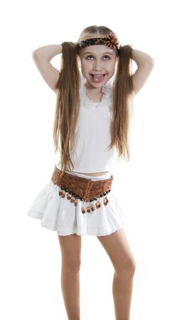 Fan little girl smiling. Isolated white.の写真素材