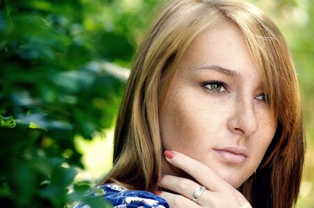 Portrait of pensive girlの写真素材