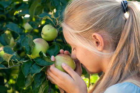 Outdoor portrait of beautiful blonde girl posing near apple treeの写真素材