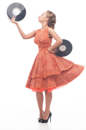 Attractive woman with vinyl discの写真素材