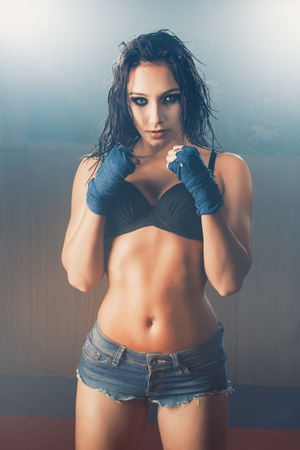 Sexy woman boxer with smoky eyesの写真素材