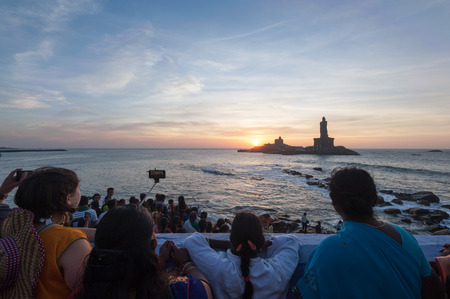 People greet the sunrise in Kanyakumari the southernmost point of the Indian subcontinent, Tamil Nadu, Indiaのeditorial素材