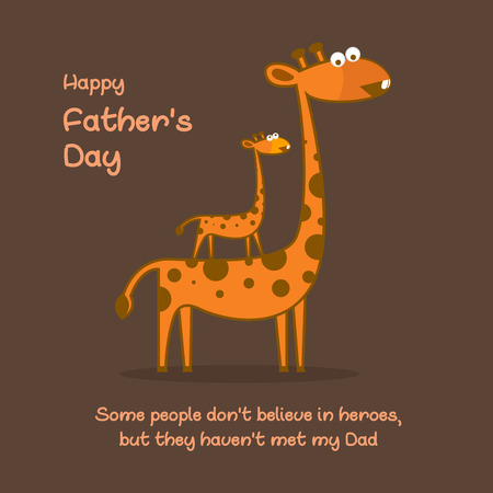 Cute little giraffe son with his father. "Some people don't believe in heroes, but they haven't met my dad". Happy Father's Day celebration concept.のイラスト素材