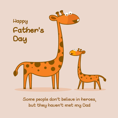 Cute little giraffe son standing infront of his father. "Some people don't believe in heroes, but they haven't met my dad". Happy Father's Day celebration concept. For kids, magazines, T-shirtsのイラスト素材