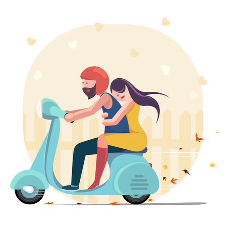 Loving couple riding scooter. Young pair, man and woman riding a motorbike, enjoying time togetherのイラスト素材