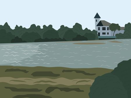 Beautiful summer landscape with house on riverのイラスト素材
