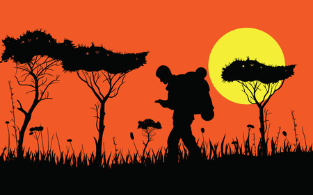 African sunset safari savannah with tourist. Sunset dusk downのイラスト素材