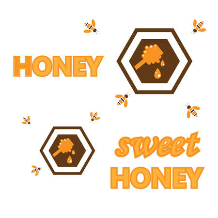 bees fly to honey logo, and the words "sweet honey"のイラスト素材