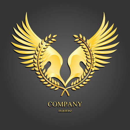 3d gold winged laurel wreath logo with shadowのイラスト素材