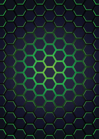 futuristic dark blue hexagons with green backlighting on a black backgroundのイラスト素材