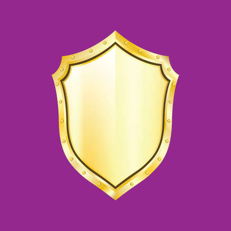 Gold shield emblem icon. Golden sign silhouette, isolated violet background. Symbol of trophy, heraldic award, royal security, protect. Logo decoration Vector illustrationのイラスト素材