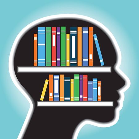 Bookshelf with colourful books and human head conceptのイラスト素材