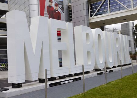 Melbourne Australia  May 8 2015: Illuminated 'Melbourne' sign in Melbourne Airport Melbourne Australia in the daytime.のeditorial素材