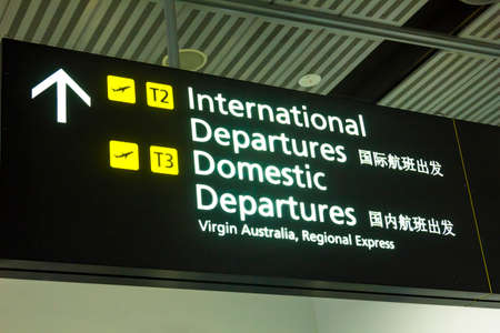 Melbourne Australia  May 8 2015: International Departures sign in Melbourne Airport Melbourne Australia in the daytime.のeditorial素材